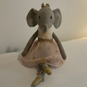 Anthropologie Gray Elephant Doll with Pink Tulle Skirt and Gold Accents